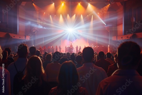 A group of people standing in front of a stage, suitable for event concepts