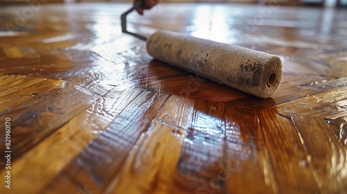 An employee deploys a second layer of paint to a parquet floor deploying a roller in-depth view of a remodeling job varnishing and space, Generative AI. photo