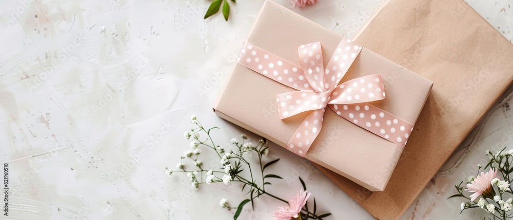 Gift box with delicate pink ribbon and flowers on white background. Gift box with delicate pink ribbon and flowers on white background.