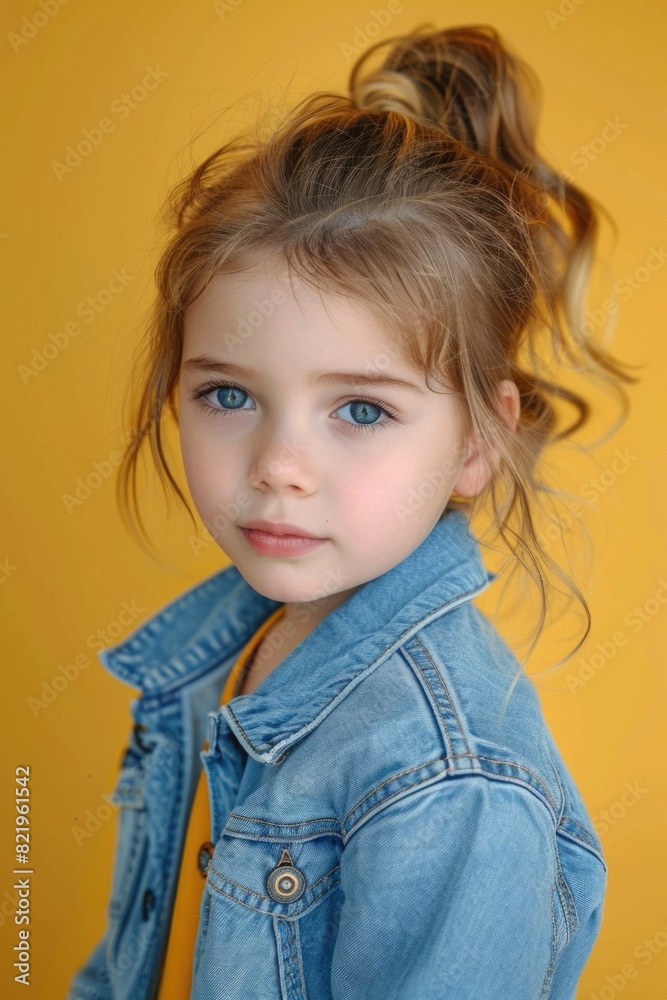 A little girl wearing a denim jacket, looking at the camera. Suitable for various projects A little girl wearing a denim jacket, looking at the camera. Suitable for various projects