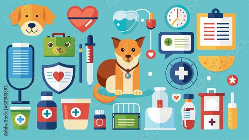 A colorful collection of design elements for a veterinary clinic, featuring a dog and various medical supplies