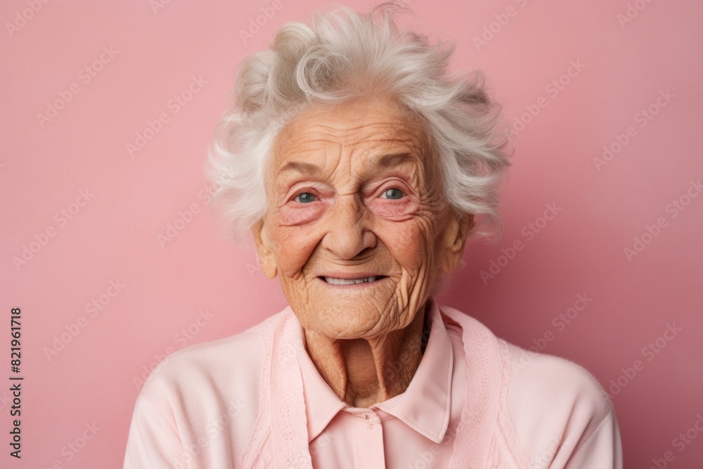 Portrait of a smiling elderly 100 year old woman smiling at the camera isolated on solid pastel color wall Portrait of a smiling elderly 100 year old woman smiling at the camera isolated on solid pastel color wall