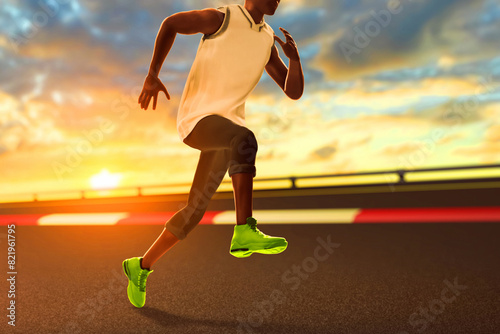Young man running on the street, city park with sunset sky, 3d illustration © fotokitas