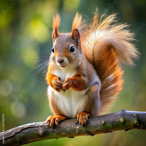 a squirrel with a realistic fluffy tail sits on a