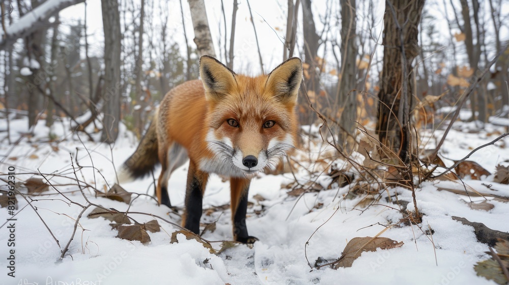 Fototapeta premium A majestic red fox standing in a snowy forest. Perfect for wildlife and winter themed projects