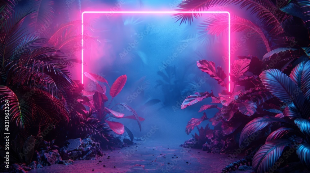 Fototapeta premium Creative layout made of monstera leaves and neon light.