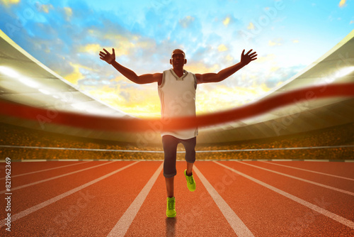 Young man runner celebrating to finish line in the stadium with sunlight sky, 3d illustration © fotokitas