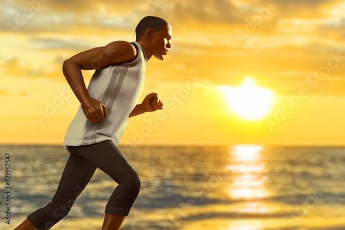 Young man running on sea beach in the morning with sunlight sky, 3d illustration © fotokitas