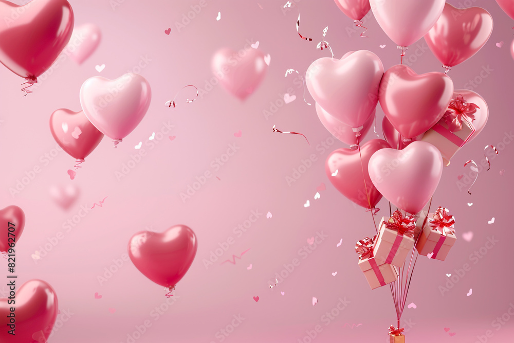 valentines day concept 3D heart shaped balloons flying with gift boxes on pink background Love concept for Happy Mother's Day Valentine's Day 