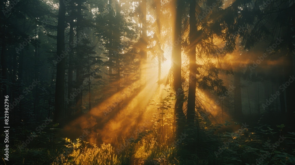 Naklejka premium Sun rays filtering through dense forest trees. Ideal for nature-themed designs
