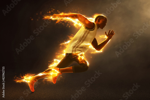 Burning young man runner sprinting on the street at night with smoke, 3d illustration © fotokitas