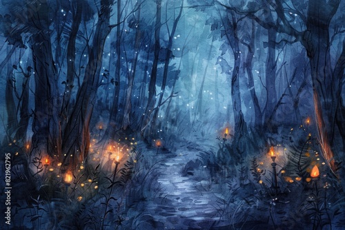 A serene painting of a path through a forest with glowing fireflies. Perfect for nature lovers and relaxation themes