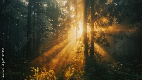 Sun rays filtering through dense forest trees. Ideal for nature-themed designs photo