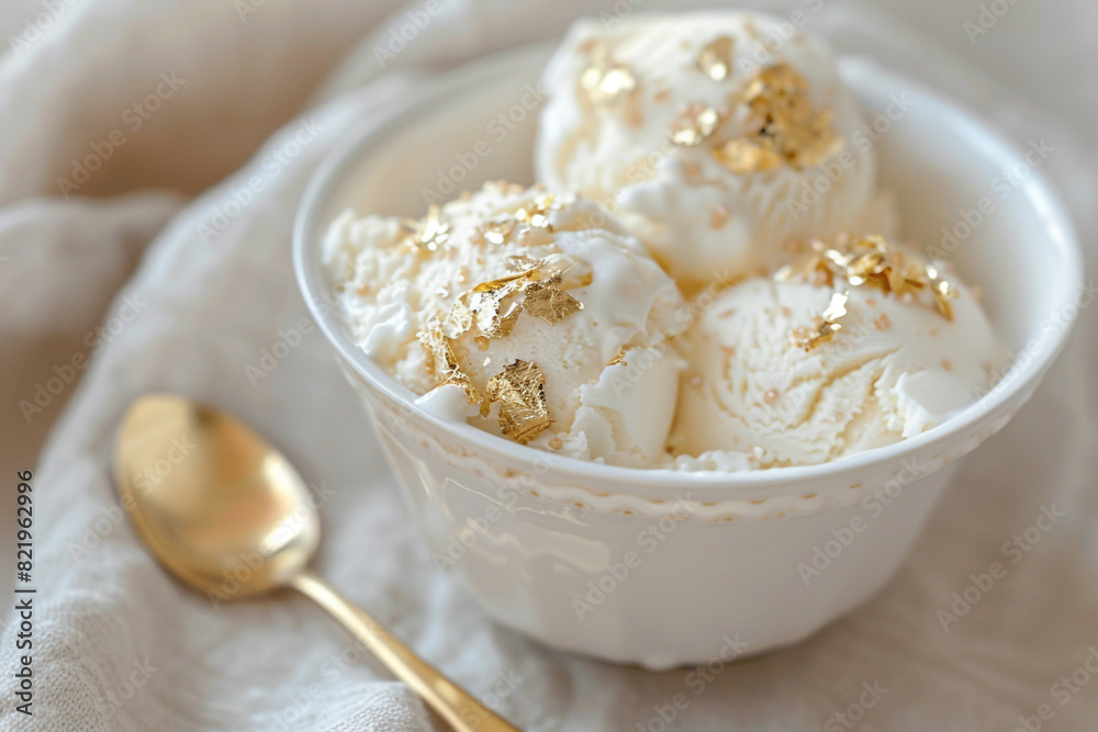 vanilla ice cream in a white bowl decorated with gold leaf vanilla ice cream in a white bowl decorated with gold leaf
