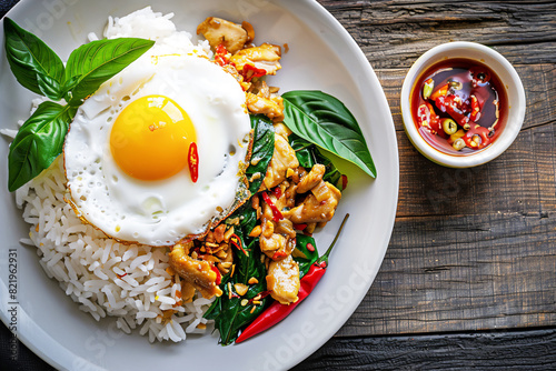 Stir-fried basil with chiken and white rice, fried egg