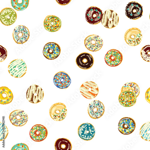 A seamless pattern of donuts with various toppings on a white background, perfect for cake decorating supply designs. Vector wallpaper print