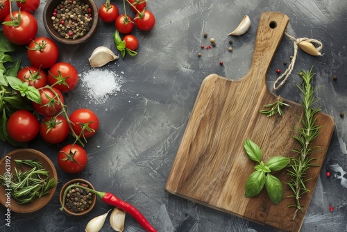 A stylish photo of table setting with a wooden board, bread, spices, herbs, knife, tomatoes in black tones. Black table with products. Horizontal banner, restaurant menu.