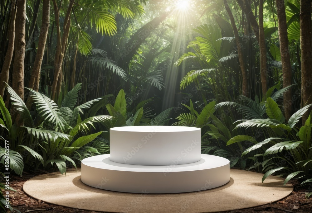 arafed white round pedestal in a tropical forest with palm trees