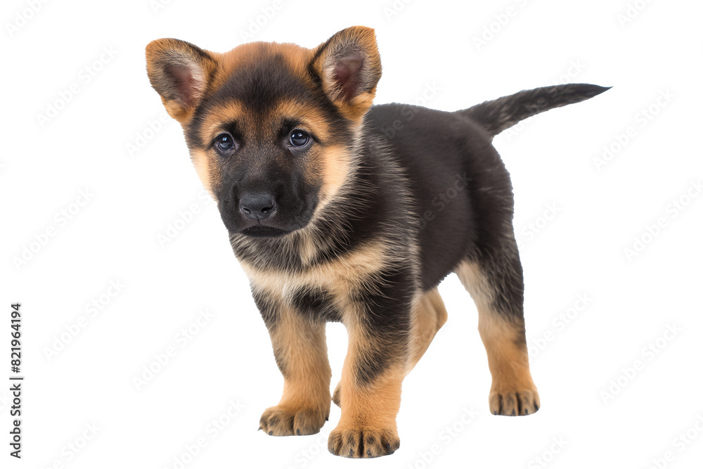 A German Shepherd puppy stands on a transparent background