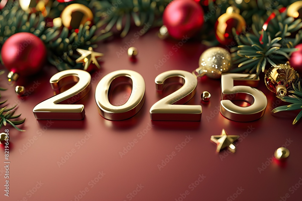Golden 2025 numbers on red background with festive Christmas decorations Golden 2025 numbers on red background with festive Christmas decorations