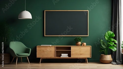 A perfectly decorated green room with a wooden table, chair, and a blackboard. Ideal for home interior decor. 