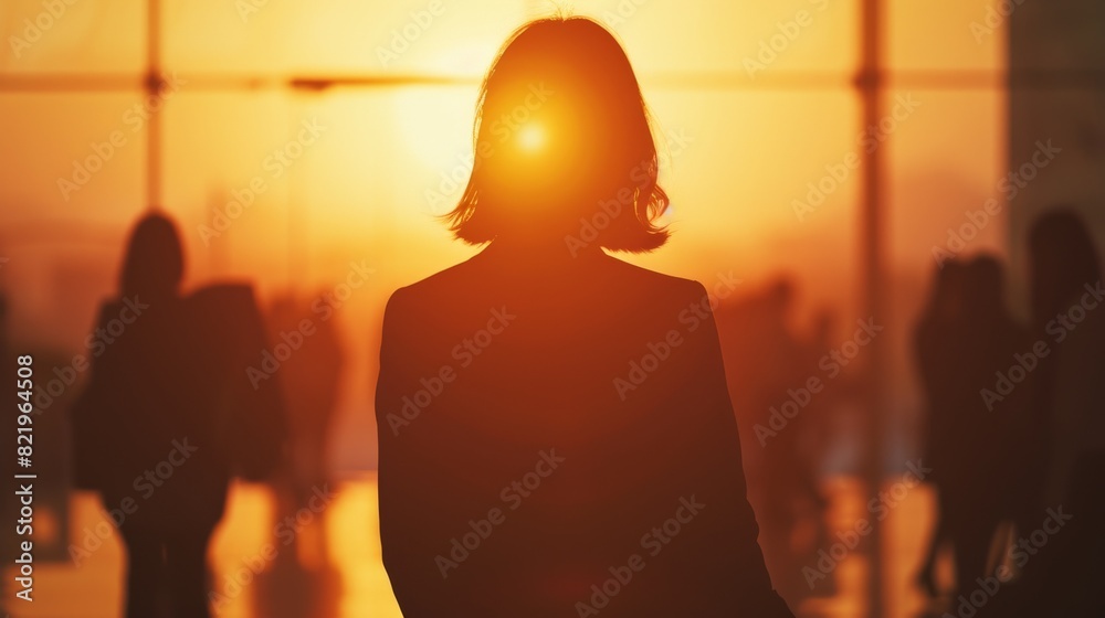 Dramatic silhouette of a woman facing the sunset, her outline illuminated by the golden glow, set against a bustling urban backdrop.