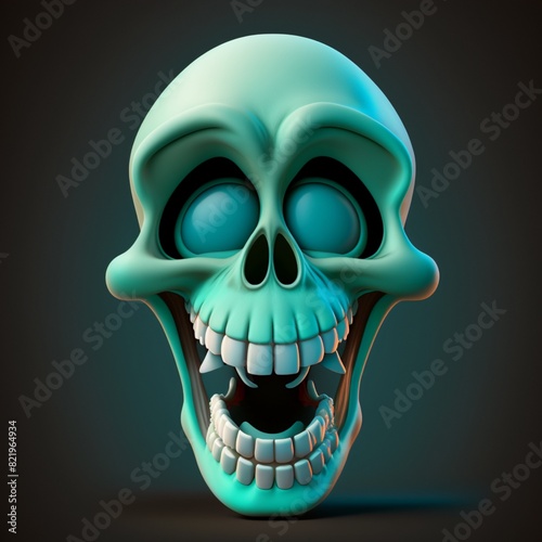 a cartoonish skull with a wide-open mouth and a big, toothy grin. The skull is a pale green color with glowing blue eyes. It's rendered in a 3D style with a smooth, glossy finish.

 
