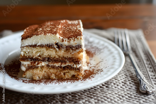 Wallpaper Mural A slice of tiramisu, with its layers of coffee-soaked ladyfingers, rich mascarpone cream, and dusting of cocoa powder, placed on an elegant white plate with a fork beside it Torontodigital.ca