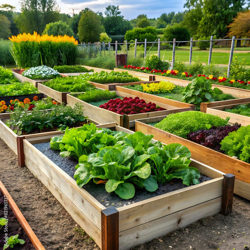raised bed vegetable garden, and trees surrounding it, many raised beds, permaculture,