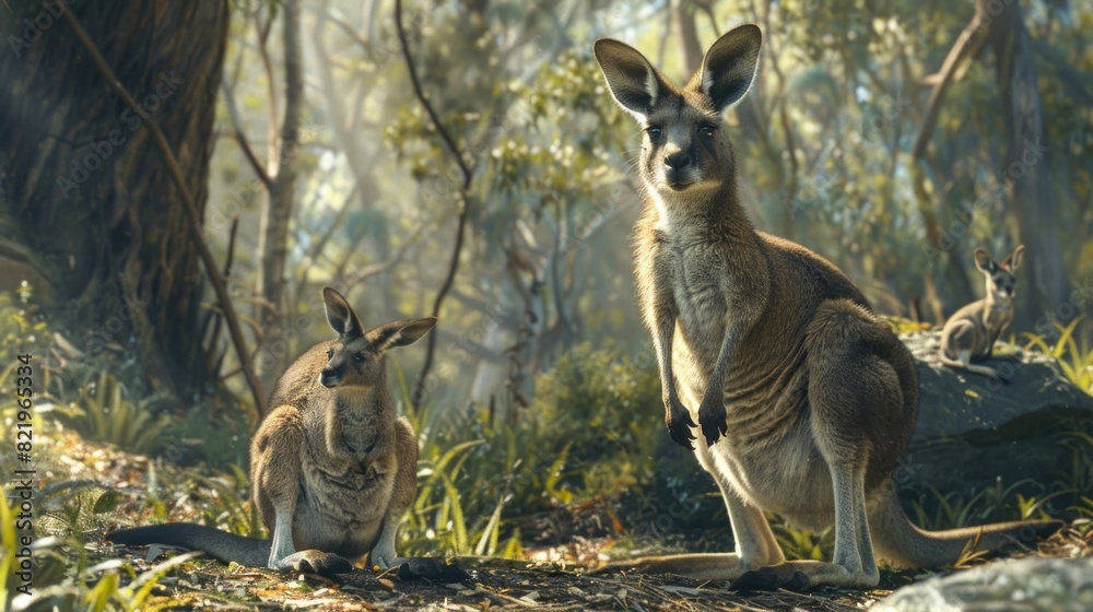 Two kangaroos standing together in a wooded area. Suitable for wildlife and nature themes Two kangaroos standing together in a wooded area. Suitable for wildlife and nature themes