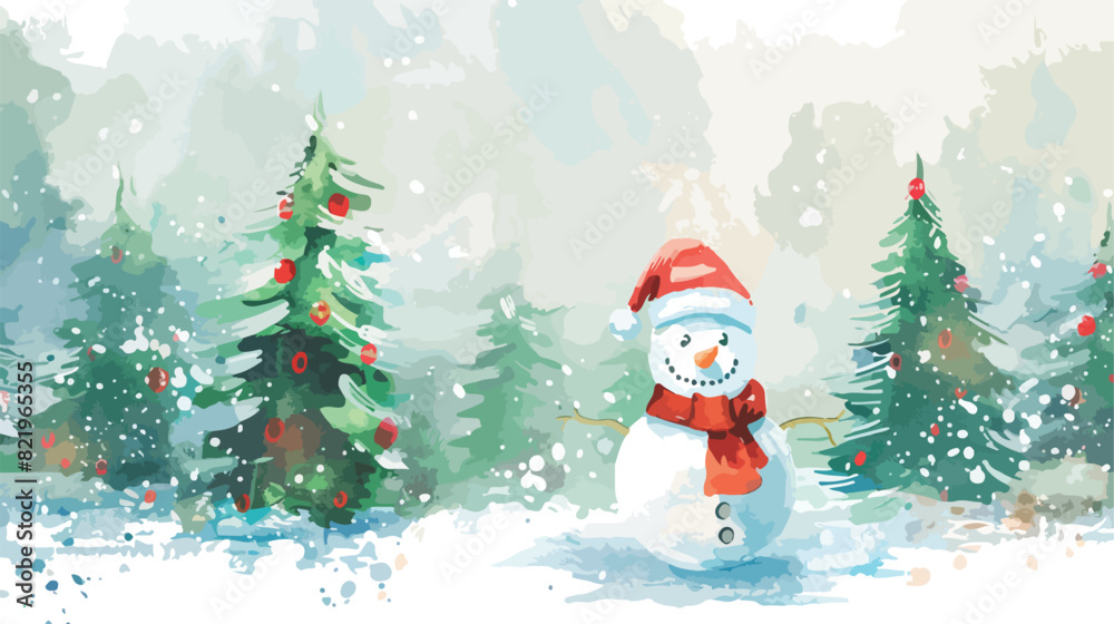Christmas watercolor painting santa snowman fir trees