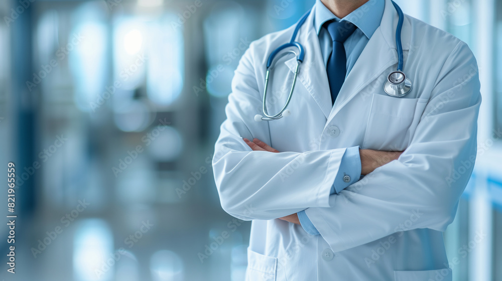Doctor with stethoscope and white coat on blurred background, copy space Doctor with stethoscope and white coat on blurred background, copy space
