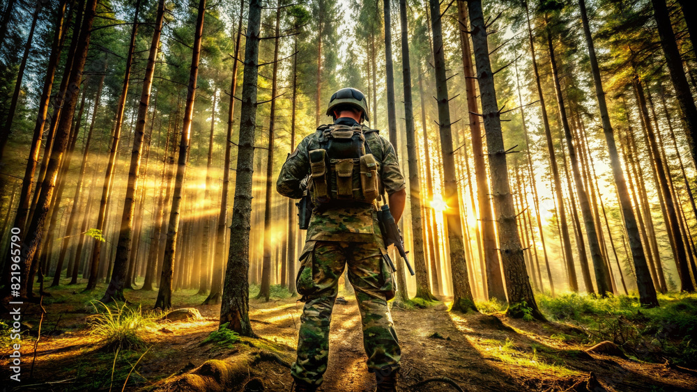 Silhouette of army soldier at dawn in forest Back view. Equipped military man in Protective Combat Uniform is ready for war.