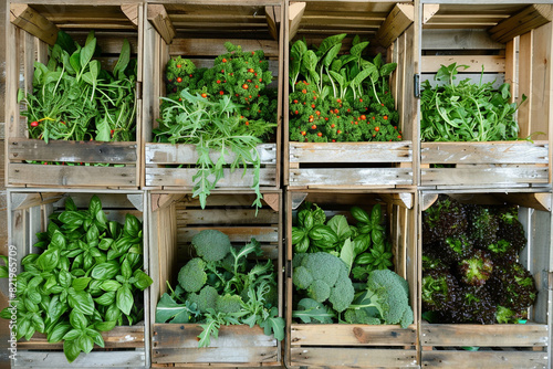 variety of fresh vegetables and herbs neatly organized into wooden crates 