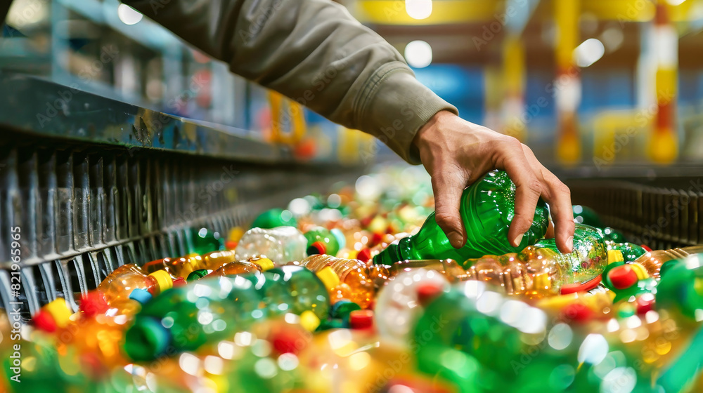 A workers hands sorting plastic waste on a conveyor belt in a waste recycling plant, aiming to reduce environmental impact A workers hands sorting plastic waste on a conveyor belt in a waste recycling plant, aiming to reduce environmental impact