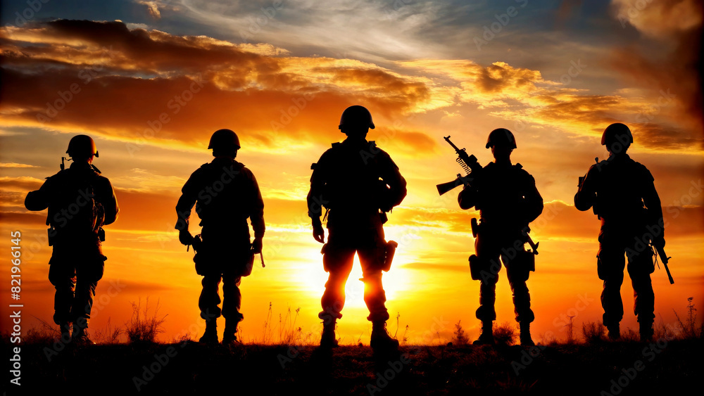 Silhouettes of army soldiers in the sunset Back view. Group of equipped military men  in Protective Combat Uniform is ready for war. 