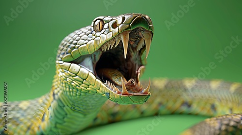 An action shot of 3D King cobra snakes on a green background isolated in close-up