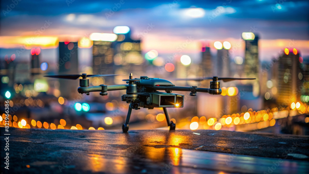 Unmanned military drone in sky above the big city close up. A drone ...