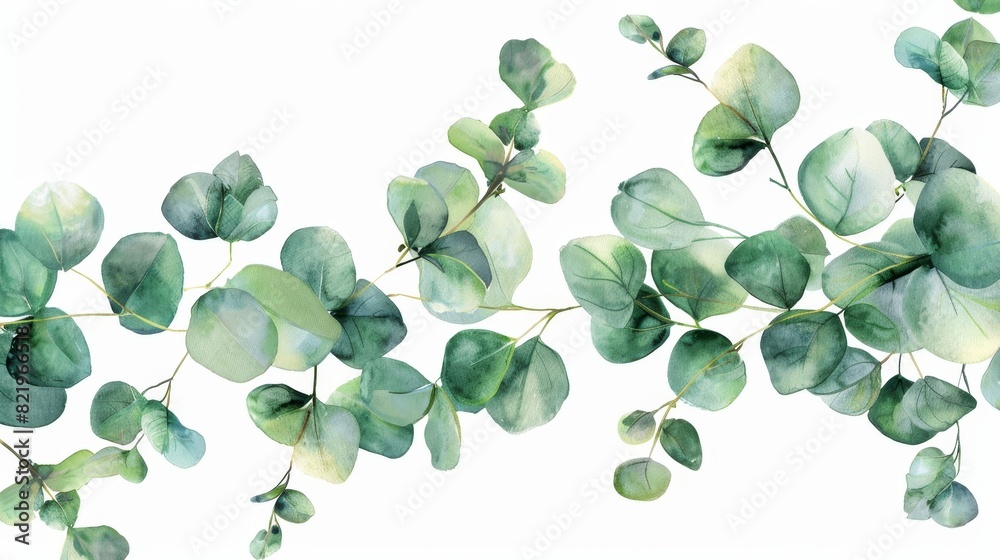 Obraz premium On a white background, a watercolor green floral banner features silver dollar eucalyptus leaves.