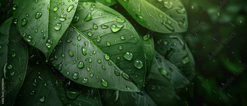 Close up of green leaves with water droplets. Close up of green leaves with water droplets.