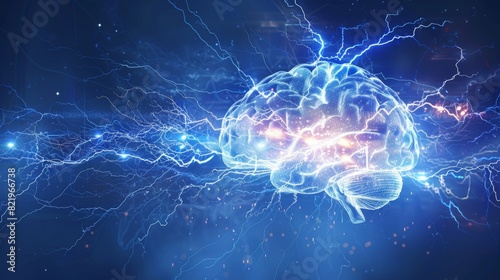 Electric activity  flashes  and lightning on a blue background. Illustration of the human brain.
