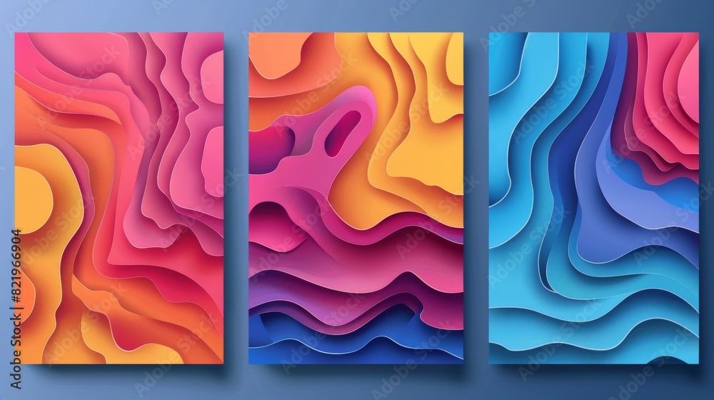 Set of A4 abstract color 3d paper art illustrations in contrast colors. Modern design layout for banners, presentations, and flyers.