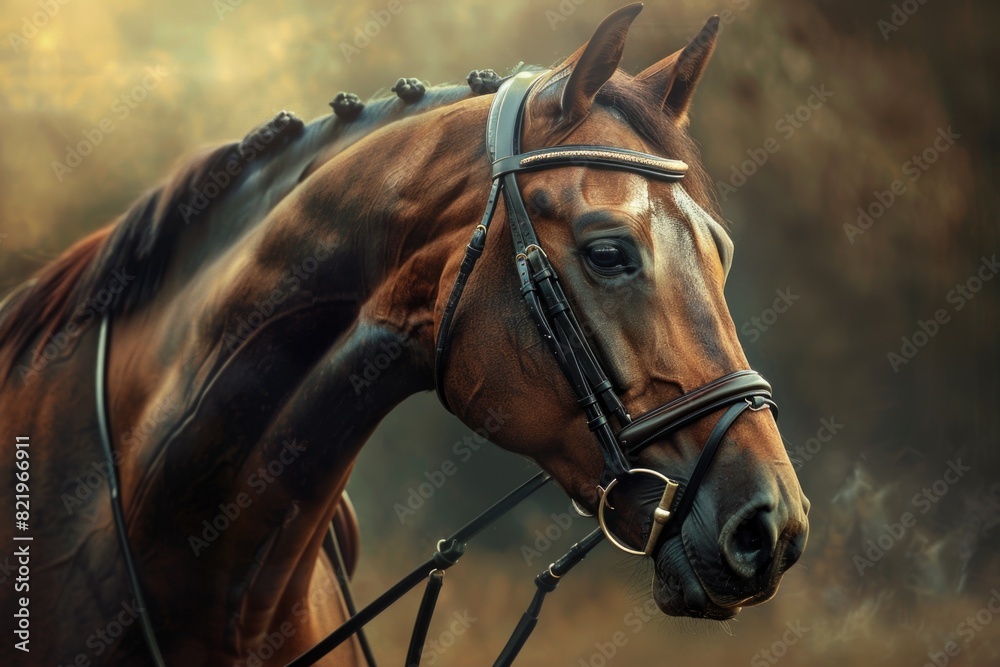 Fototapeta premium A brown horse wearing a bridle, suitable for equestrian themes