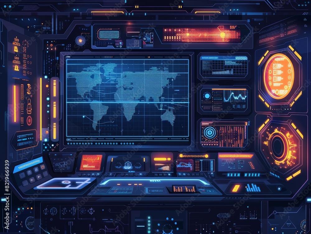 A high-tech control room featuring a global data interface, showcasing advanced technology and real-time data analysis in a futuristic setting.