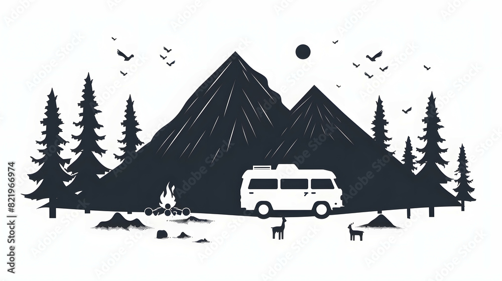 black silhouette of Campsite with camping van illustration icon vector ...
