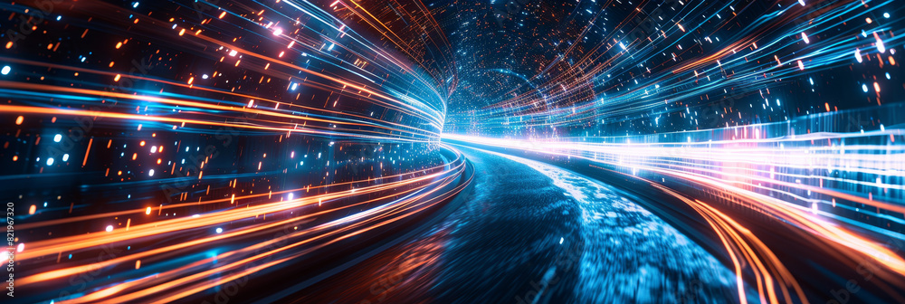 Futuristic tech screen in motion blur, with dynamic data streams and abstract visualizations, embodying rapid digital innovation. Futuristic tech screen in motion blur, with dynamic data streams and abstract visualizations, embodying rapid digital innovation.