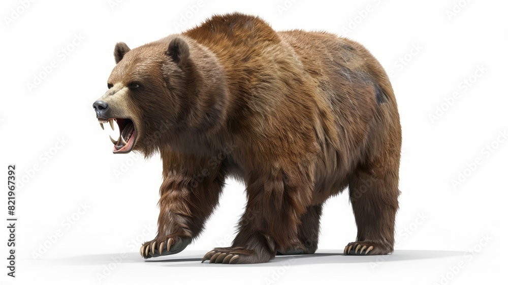 Fototapeta premium Angry brown bear standing on an isolated white background. 3D rendering.