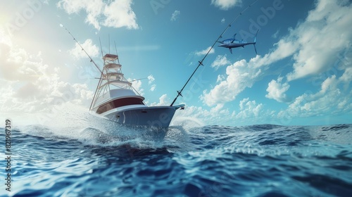 A big swordfish marlin was hooked while sport fishing by an angler, 3D rendering of a fishing boat with a big swordfish marlin attached