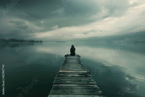 A person sitting on a dock in the middle of a serene lake. Suitable for travel and relaxation concepts photo