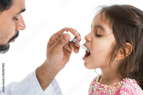 Little girl 5 years old holding head up with open mouth to get drop of medicine, giving by doctor hand. White background. Kid getting polio drops. Child oral vaccination. Baby receiving liquid vaccine photo